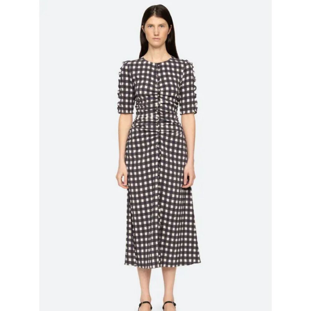 Sea New York Pucker Gingham Dress L Black White Ruched Midi Seersucker Ruched